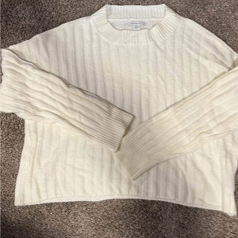 American Eagle Outfitters Ribbed Crew Neck Cropped Sweater - Cream